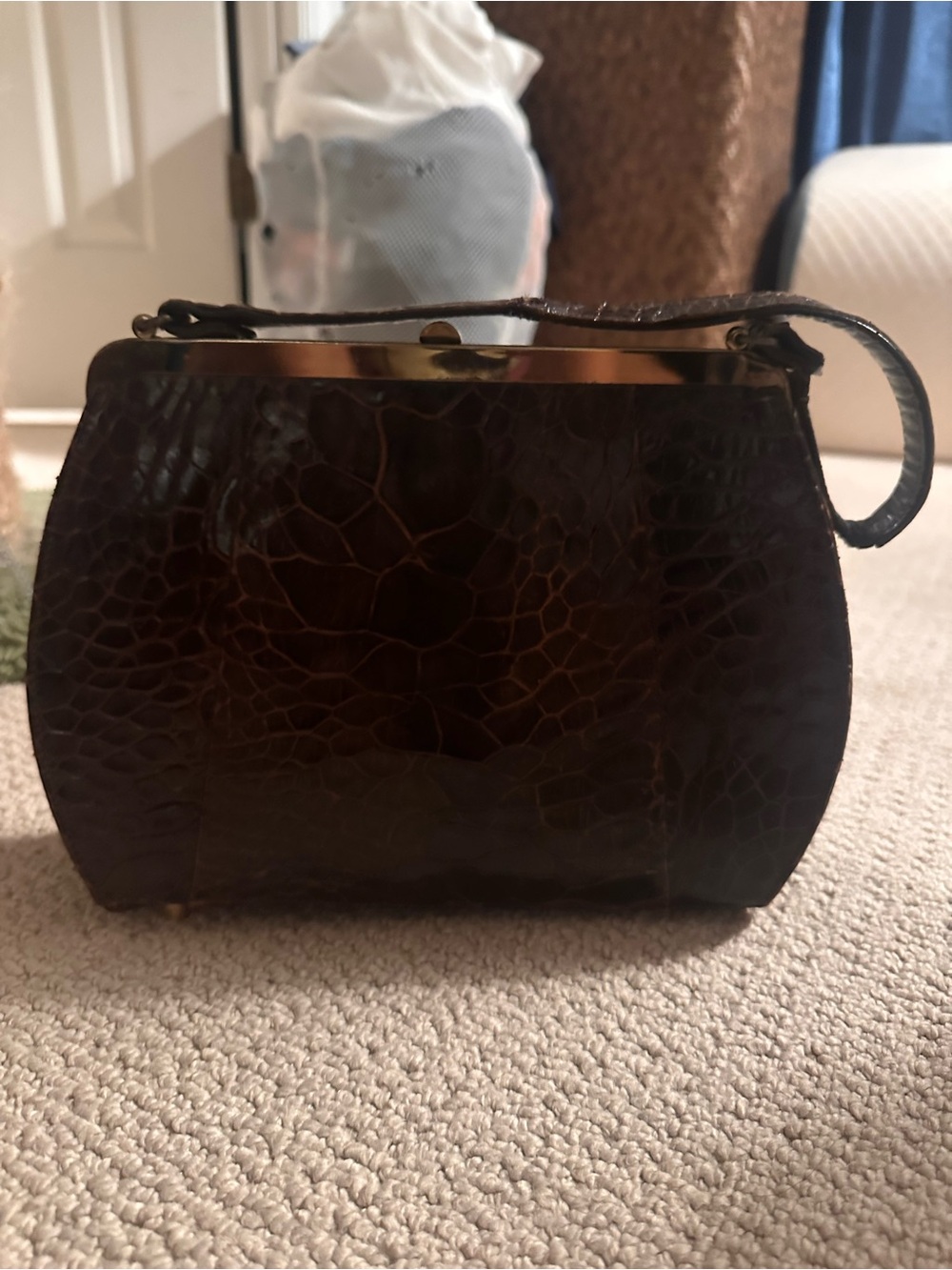 Brown Textured Turtle skin Leather Top-Handle Women's Bag - Picture 2 of 4